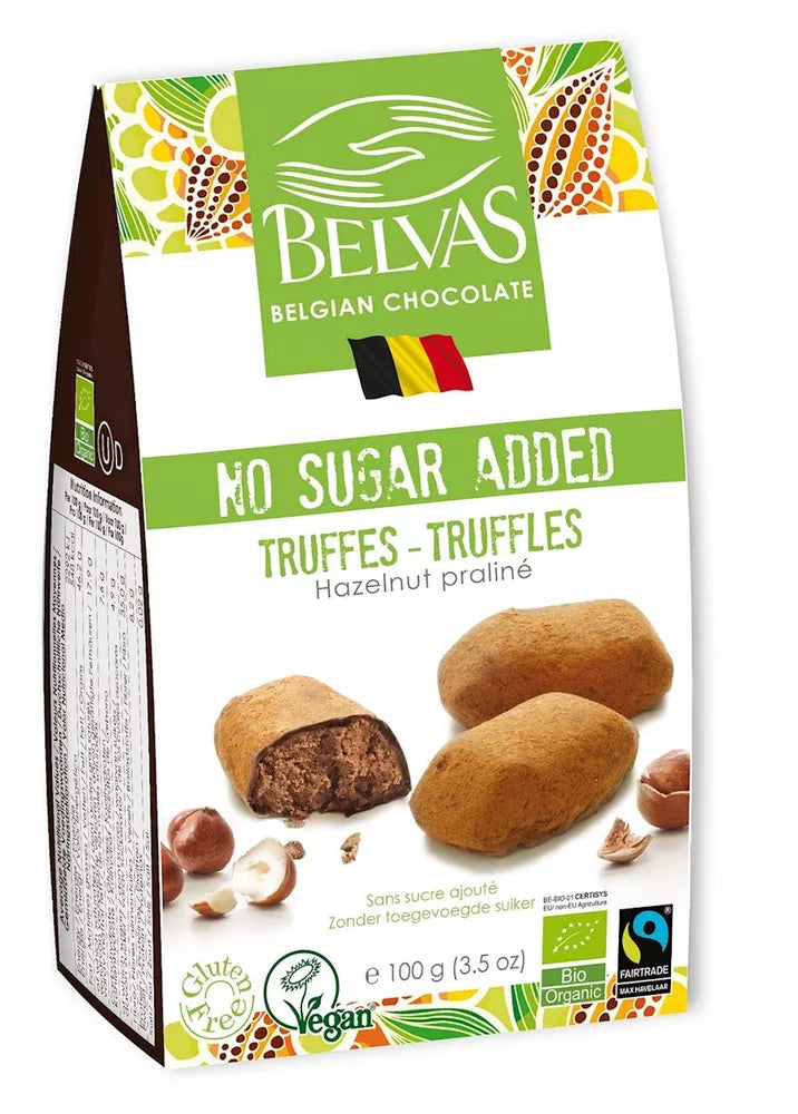BELVAS Belgijskie czekoladki trufle z orzechami laskowymi bez dodatku cukrów, bezglutenowe (100 g) - BIO