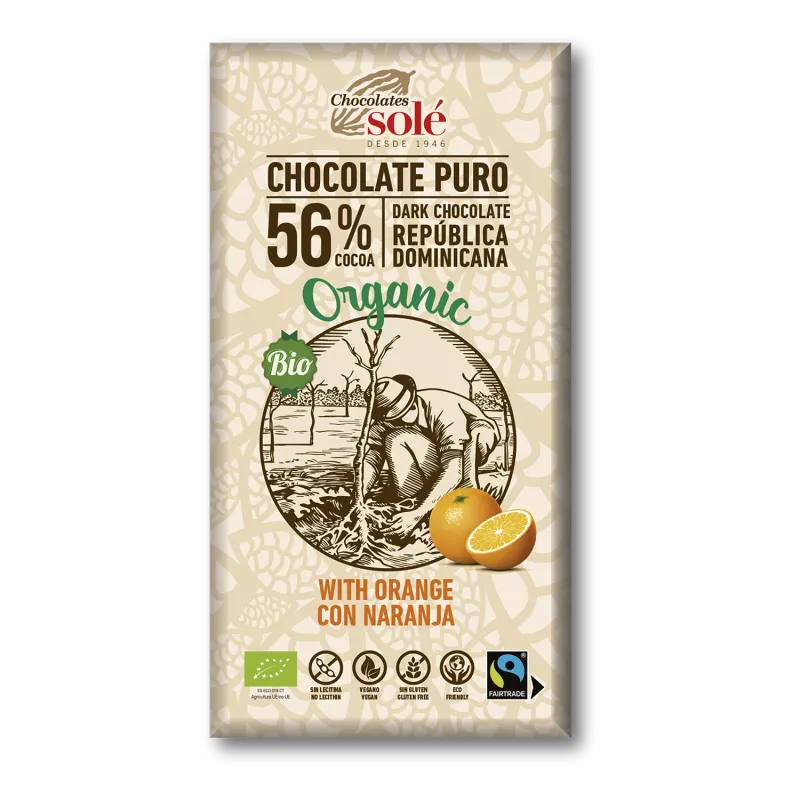 SOLE Czekolada gorzka 56% kakao z pomarańczą bezglutenowa (100 g) - BIO