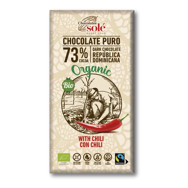 SOLE Czekolada gorzka 73% kakao z chili bezglutenowa (100 g) - BIO