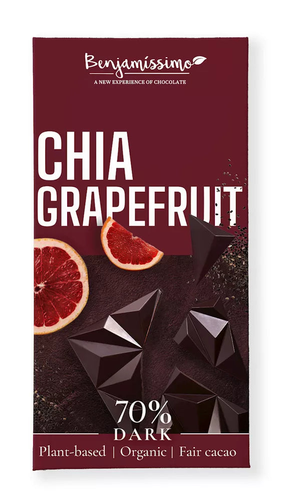 BENJAMISSIMO Czekolada wegańska gorzka 70% z chia i grejpfrutem bezglutenowa (60 g) - BIO