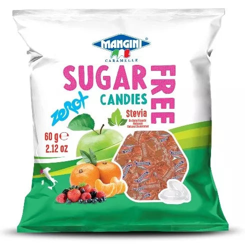 MANGINI Cukierki o smaku truskawkowym ze stewią bez cukru (60 g)