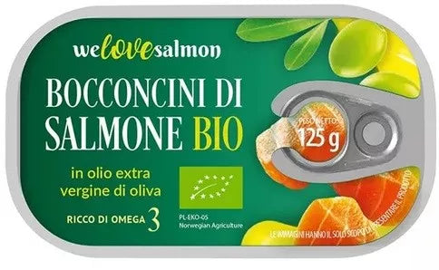WE LOVE SALMON Kawałki łososia w oliwie z oliwek extra virgin (125g) - BIO