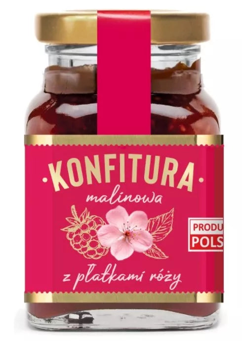 POLSKA RÓŻA Konfitura malinowa z płatkami róży o obniżonej zawartości cukru (200 g)