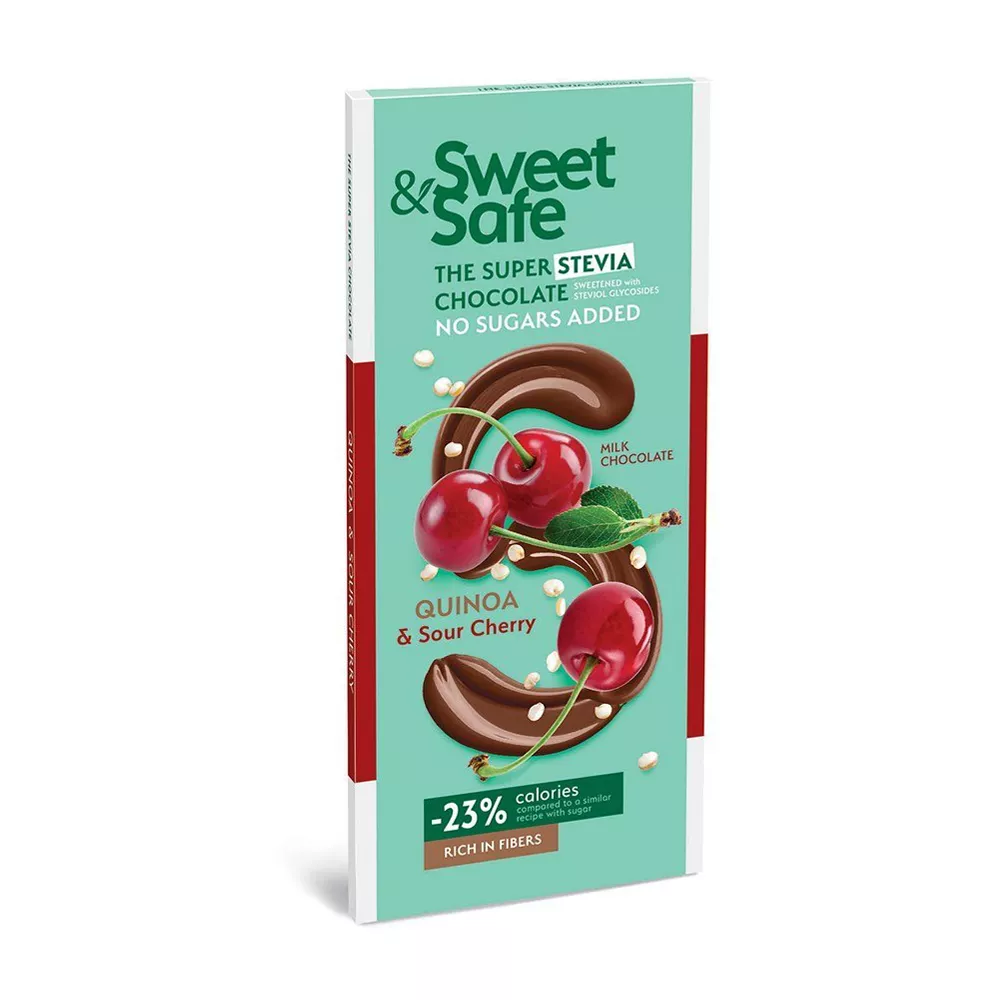 SWEET&SAFE Czekolada - quinoa i wiśnia słodzona stewią (90g)