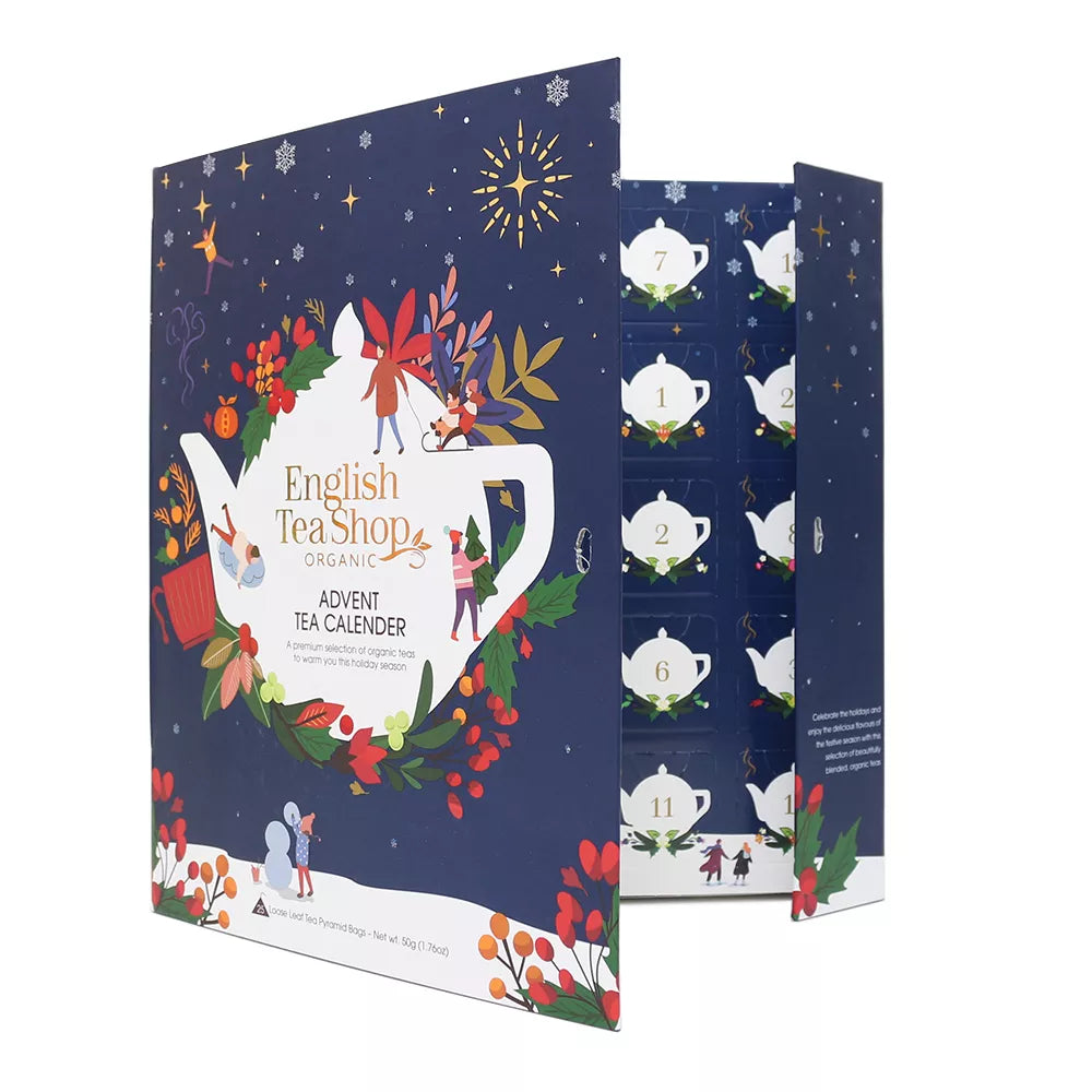 ENGLISH TEA SHOP Zestaw herbat świątecznych, kalendarz adwentowy, niebieski - piramidki - 13 smaków (25x2) (50g) - BIO
