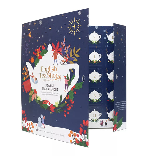ENGLISH TEA SHOP Zestaw herbat świątecznych, kalendarz adwentowy, niebieski - piramidki - 13 smaków (25x2) (50g) - BIO