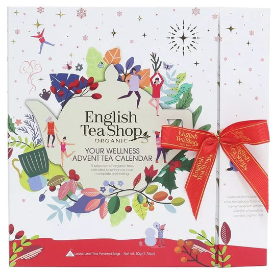 ENGLISH TEA SHOP Zestaw herbat świątecznych kalendarz adwentowy, biały - piramidki - 25 smaków (25 x 2g) 50g - BIO