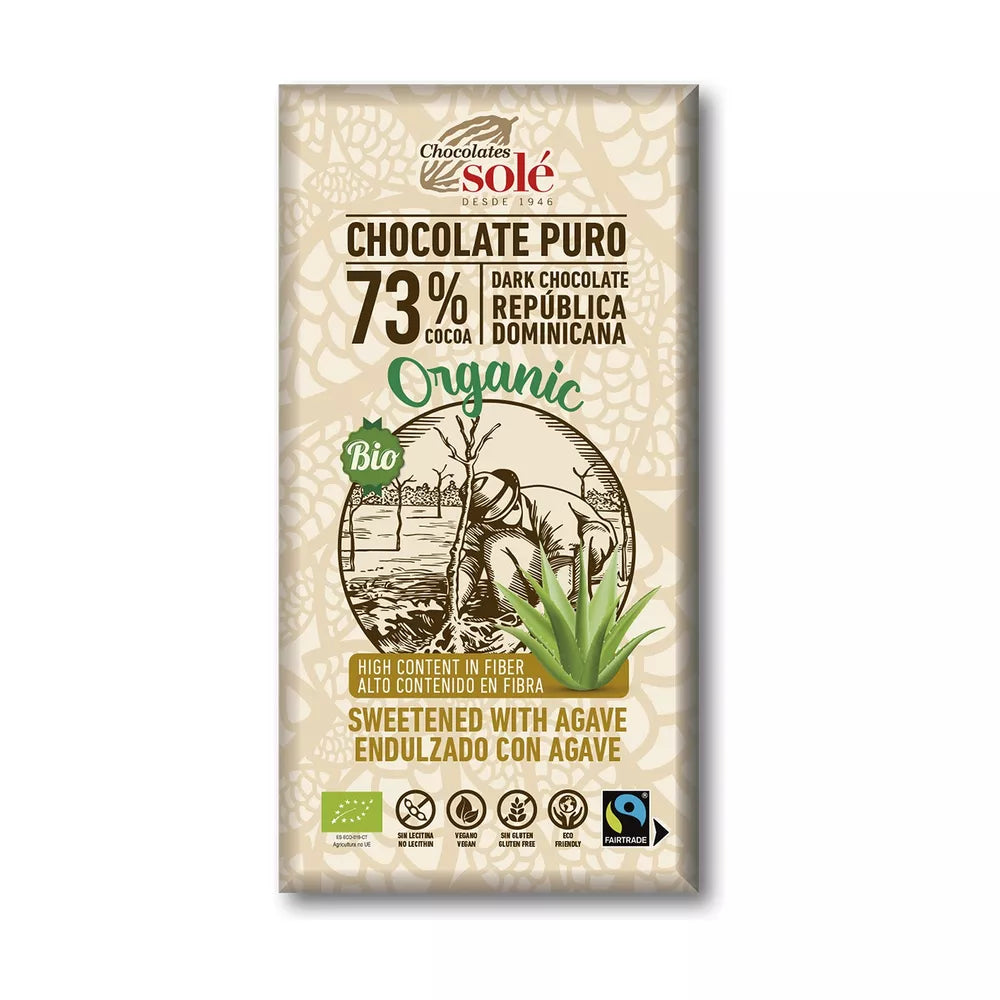 SOLE Czekolada gorzka 73% kakao słodzona syropem z agawy bezglutenowa (100 g) - BIO